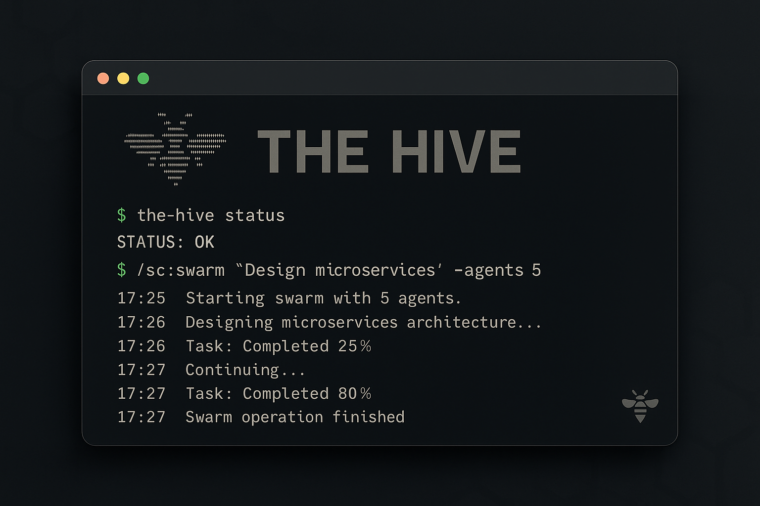 The Hive terminal interface showing swarm operations